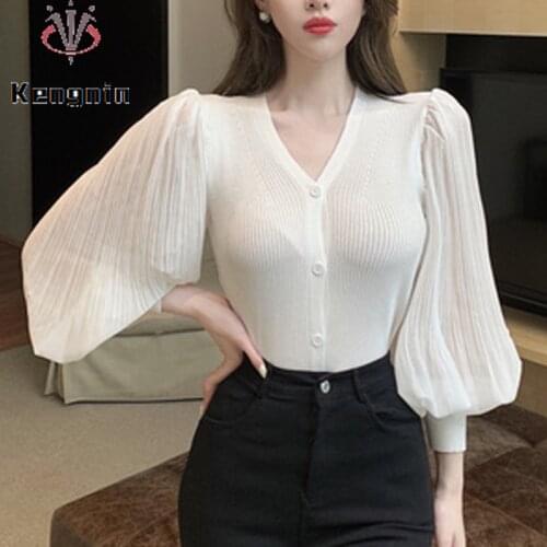 New 2021 Autumn Winter Thin Knitted Women Sweater Silm V-Neck Mesh Patchwork Ladies T-Shirts Long Lantern Sleeve Tees KE1858