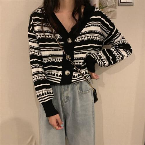Women Cardigan Vintage Black White Stripe Pattern Knitted Sweater Fashion Long Sleeve Outerwear Loose Button Top Korean Fall New