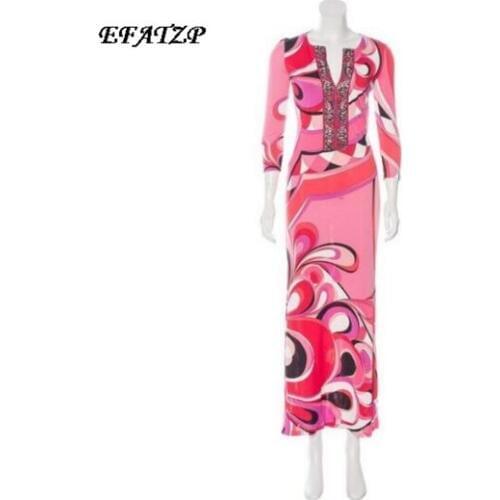 New 2017 Fashion Designer Long Dress Womens 3/4 sleeve Colorful Geometry Print V-neck Stretch Jersey Silk Spandex Maxi Dress