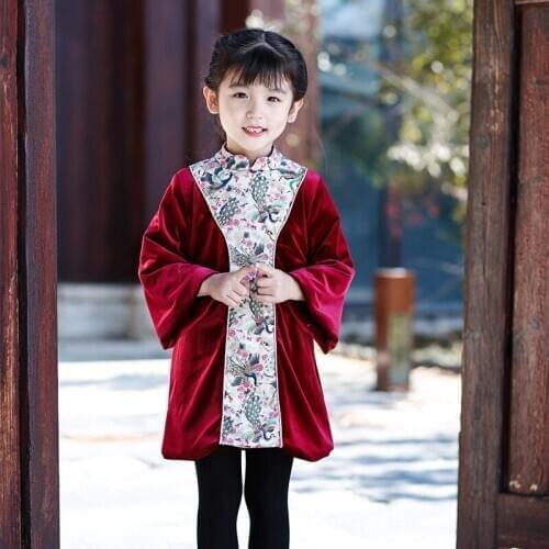 Winter Girls Chinese National Style Warm Dresses Girl New Year Coat Traditional Plus Velvet Tang Dynasty Hanfu Retro Clothes