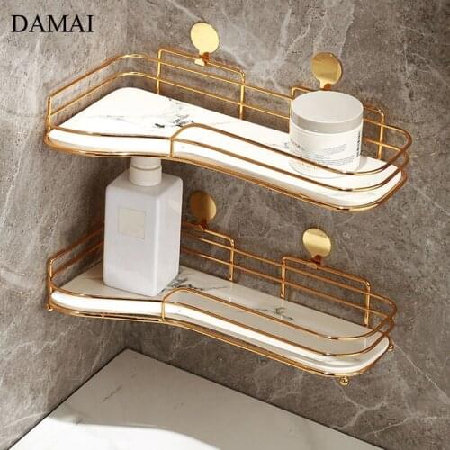 Golden Metal Frame Tray Rack Punch-free Wall-mounted Shower Gel Shampoo Organizer Corner Bathroom Shelf Ceramic Storage Trays