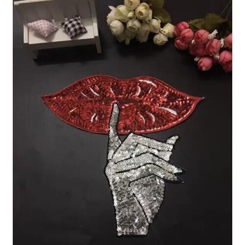 2019 New Silver Hand with Red Lips Iron on Sequin Patches for Colthes Mouth Sequins Patch and Embroidery Appliques Sewing DOY