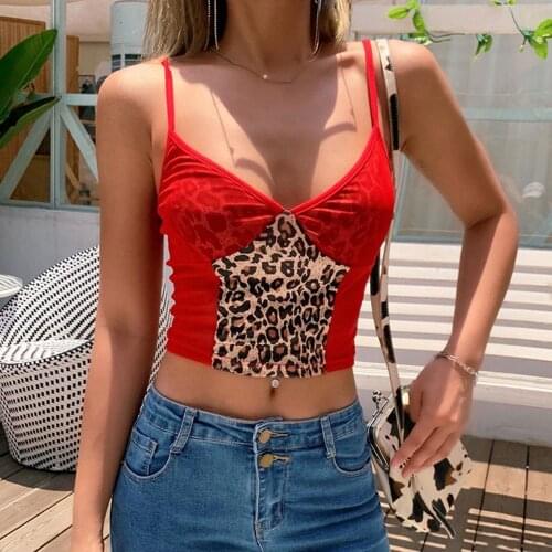 2021 Summer Women Chic Sexy V Neck Mesh See Through Leopard Patchwork Crop Top Sleeveless Slim Female Camisole Vest
