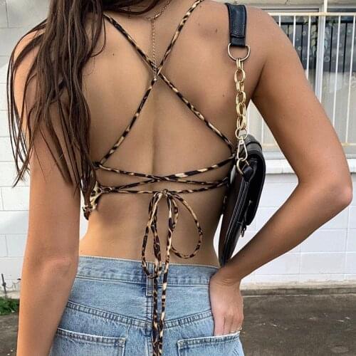 2021 Fashion Trend Leopard Print Camis Tops Women Backless Bandage Tank Top Summer Lace Up Sexy Crop Top Clubwear Streetwear