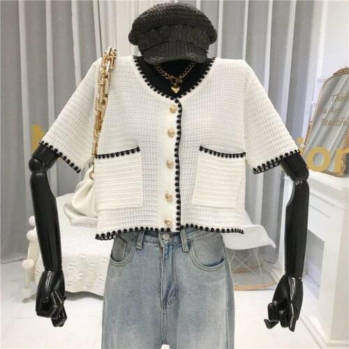 2020 Elegant Knit T Shirt Women Summer Casual Short Sleeve Buttons Cardigan Knitted Sweaters Designer Short Jacket Clothes