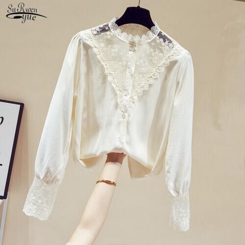 Spring New Womens Long Sleeve Cotton Shirt Sweet Blusas Mujer French Vintage Hollow Out Lace Stitching Bottoming Blouse 13121