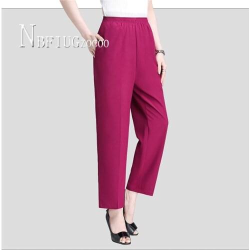 Burgundy Green Black Color Middle-Aged Women Pants Summer Thin Elastic Waist Female Trousers