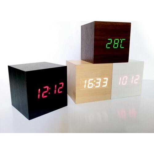 New Multicolor LED Wooden Alarm Clock Watch Table Voice Control Digital Wood Electronic Desktop Clock USB/ Powered Clocks