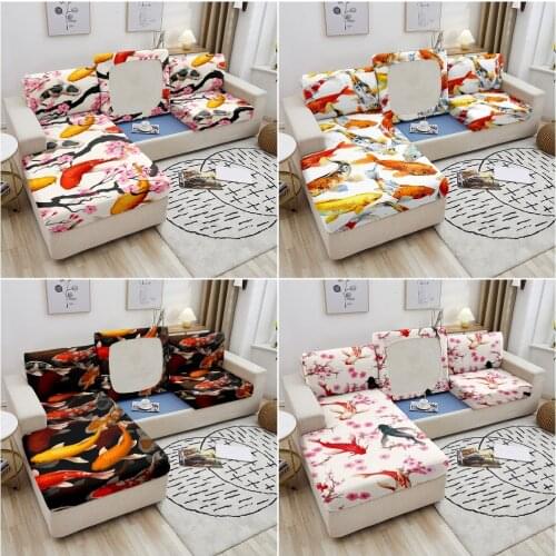 Carp Printed Sofa Cushion Cover Elastic Furniture Protector Sofa Seat for Living Room Cushion Slipcover Spandex Couch Cover