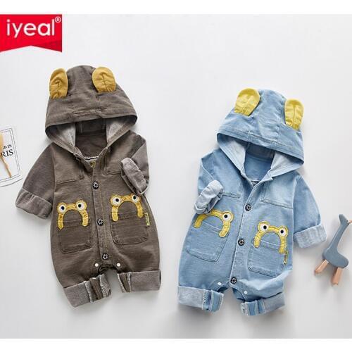 IYEAL Baby Romper Denim Cartoon Hooded Infant Clothes Newborn Jumpsuit Babies Boys Costume Cowboy Fashion Jeans Children Clothes