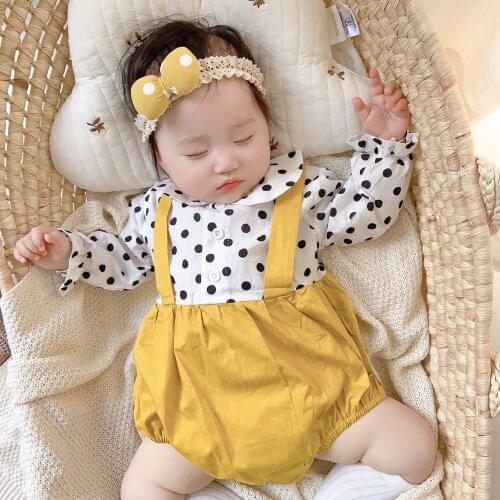 Baby Girls Polka Dot Long Sleeve Lapel Collar Newborn Cotton Cute Bodysuits Infant Clothes Kids Jumpsuits Toddler Outfits