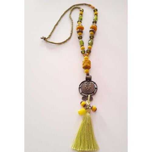 Goodtime Long Ethnic Necklace Wood & Glass & Indian Beads Womens Handmade Jewelry