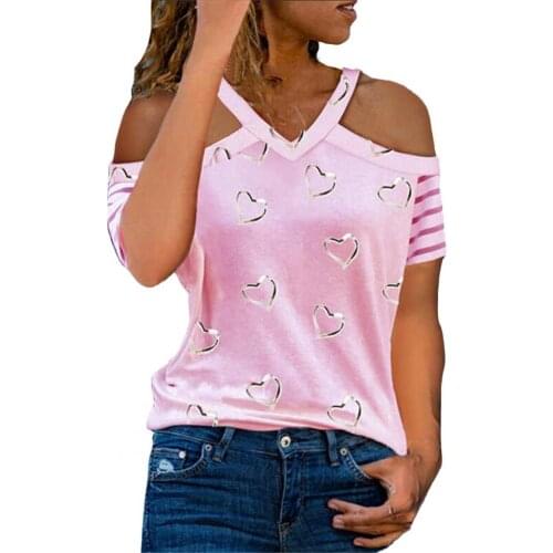 Summer Women T-shirt Hollow Out Off-the-shoulder Heart Printed Casual T Shirts Plus Size V-Neck Tops Daily Life