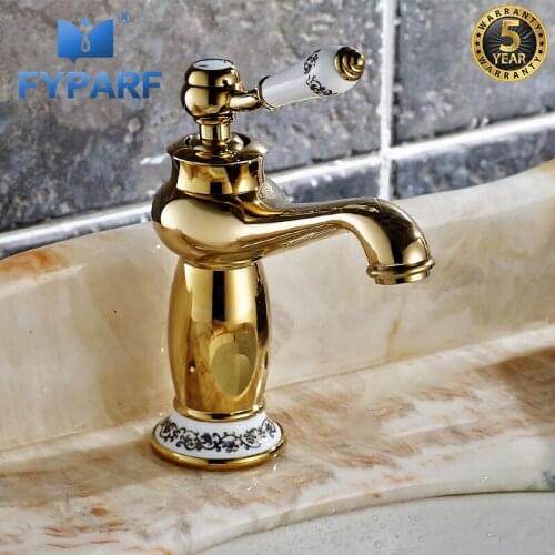 FYPARF Single Handle Gold Basin Faucets Single Hole Bathroom Basin Mixer Bathroom Sink Faucet Deck Mount Cold and Hot Water Tap