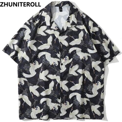 Chinese Style Crane Print Hawaiian Beach Shirts Hip Hop Short Sleeve Button Up Streetwear Trends Shirt Mens Summer Black Tops