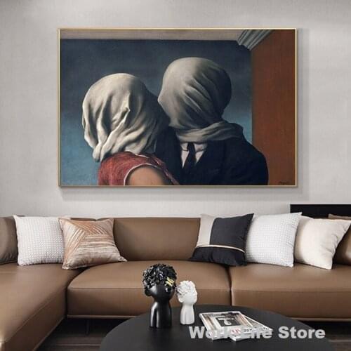 Famous Art The Kiss Lover By Rene Magritte Canvas Painting Posters and Prints Surrealism Wall Art Pictures for Home Decoration