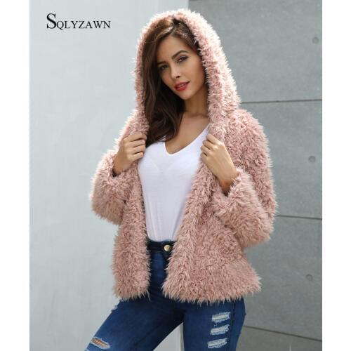 Winter Thick Warm Faux Fur Cardigan Coat Women Pink Plus Size Hooded Long Sleeve Fluffy Faux Fur Jacket Winter Fur Coats bontjas