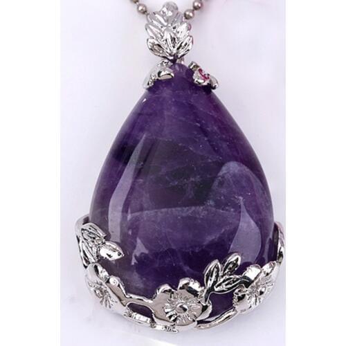 Trendy-beads Summer Style Silver Plated Natural Purple Amethysts with Flower Water Drop Pendant Fashion Jewelry