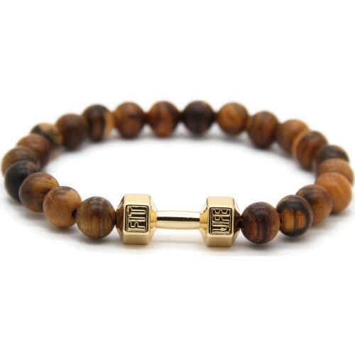 Ailatu Fashion Natural Round Wood Beads GYM Fitness Dumbbell Bracelet Mens Flexible Bead Barbell Jewelry Hombre Bracciali
