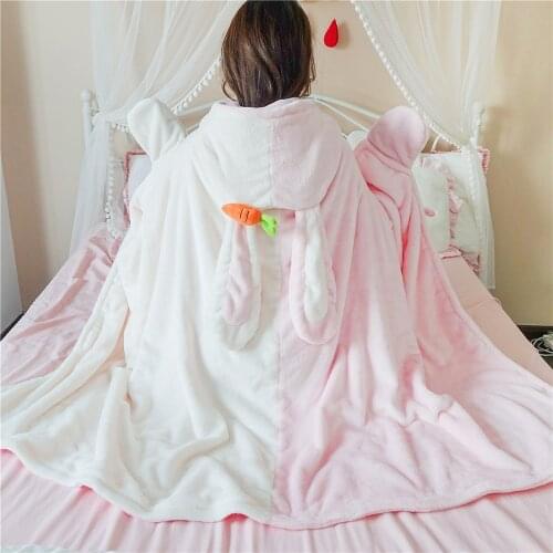 Cute Bunny Soft Hooded Shawl Teen Girl Kawaii Bear With Ear Cloak Lolita Warm Comfy Fleece Wearable Women Office Hoodie Blanket