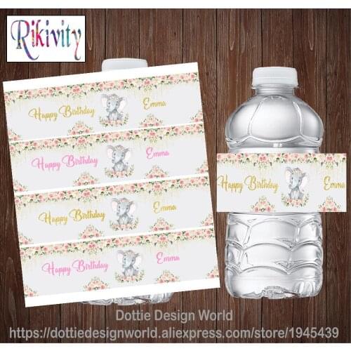 Custom Floral Elephant Princess Birthday Party Water Bottle Wine Labels Candy Bar Wrapper Sticker Baby Shower Favor Decoration