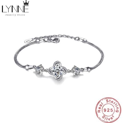 New Fashion Summer Lucky Clover Charm Bracelets 925 Sterling Silver Cubic Zirconia Violets Flower Pendant Bracelet Women Jewelry