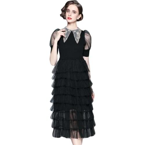Super Fairy Mesh Sweet Layer Cake Dress Women Lapel Stretch Knit Patchwork Elegant Cascading Ruffles Runway Vestidos k9973