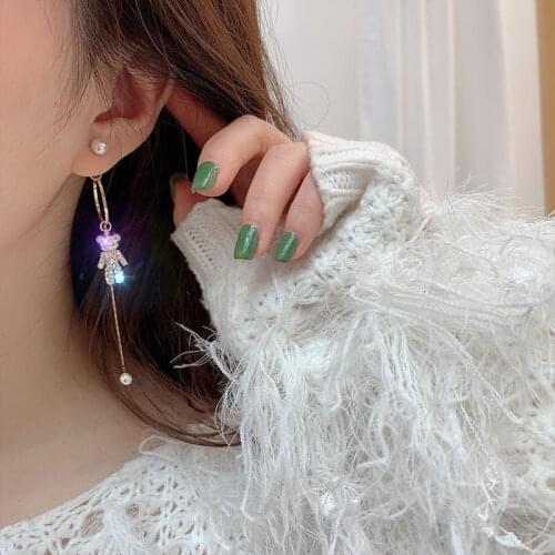 Glistens Full Semi-precious Stones Little Bear Earrings Sweet Cute Long Tassel Simulated-pearl Pendant Earrings Woman Bijoux