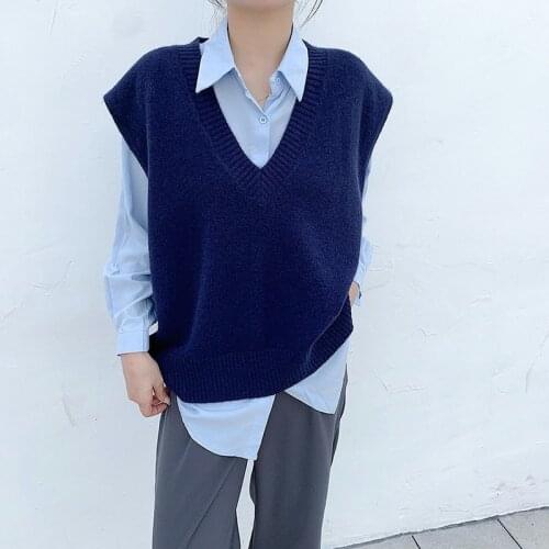 Spring 2021 Knitted V-Neck Sweater Vest Womens New Korean Loose Sleeveless Vest Pullovers Female