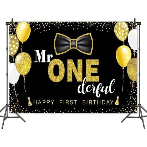 Black Bow Tie Gold Balloon Boys First Birthday Backdrop Photography Photo Baby Party Table Decorated Vinyl Background Banner