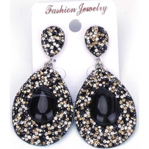 Vintage Pattern Black Water Drop Onyx Semi Precious Stone Pendant Charm Pave Rhinestone Big Dangle Earrings For Women Brinco