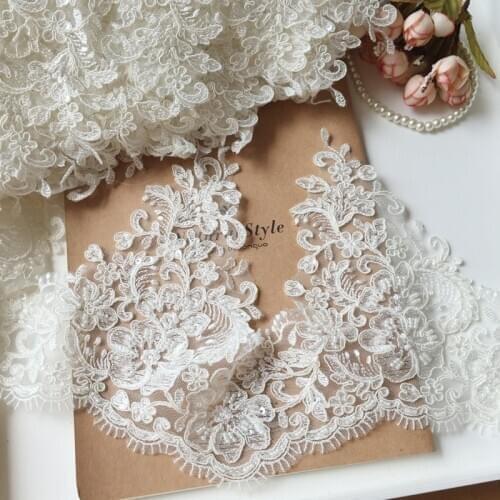 Wholesela Ivory Beaded Embroidered Lace Fabric Trimming WIth Cord Boarder For Wedding Dress DIY Veil Lace Trim 10 Yards