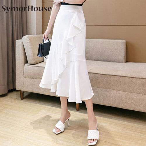 Sexy Party Skirts For Women New Korea Fashion Black White Women Long Beach Skirt Elegant Office Lady Slim Ruffles A-line Skirts