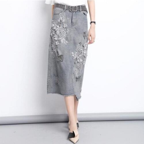 Summer Fall Women High Waisted Beading Appliques Tassel Denim Skirt , Female Woman Irregular Embroidery Ripped Hole Jeans Skirts