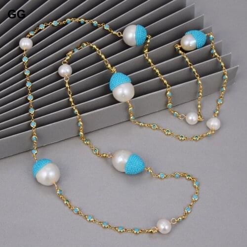 GuaiGuai Jewelry 43" White Keshi Pearl Blue Crystal Pave Chain Long Necklace