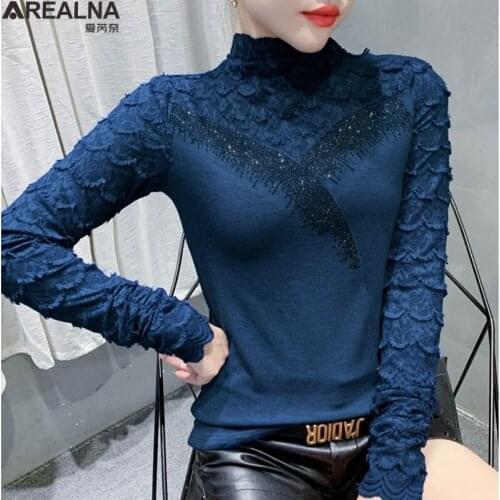 T shirt women 2020 Lace stitching woman tshirts Casual Turtleneck Long Sleeve autumn Top Hipster Stretchy Tshirt camiseta mujer