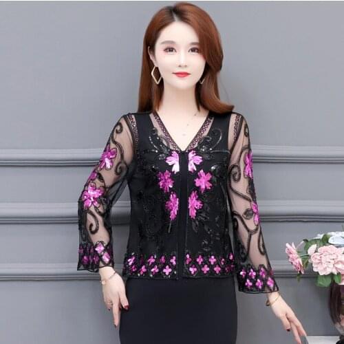 2021 Hot Summer Short Mesh Embroidery Shawl Coat Fashion V-neck Perspective Long Sleeve Sequins Sun Protection Women Shirt