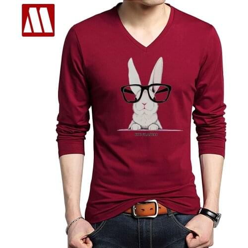 Camisetas Mujer Summer Tee Shirt Casual Cotton Mens Tshirt Cartoon Rabbit Animal Print Tshirts Male Long Sleeve V Neck T-Shirts