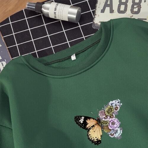 Winter Oversized Hoodies Women Crewneck Sweatshirts Butterfly Flowers Graphic Tracksuit Aesthetic Long-sleeved Casual Pullover