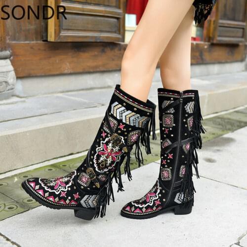 US4-11 Womens Pointed Toe Genuine Leather Knee Thigh Boots Stilettos Embroidery Retro Floral Tassels Belt Buckle Shoes Plus Sz Q