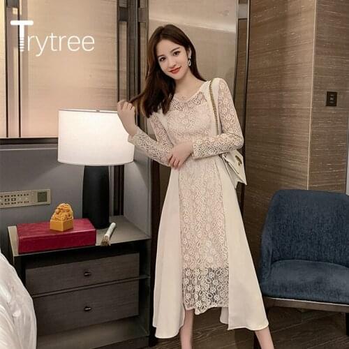 Trytree Spring Autumn Dress Women O-neck Lace Print A-Line Dress Fashion Elegant High end Patchwork Office Lady Mid-Calf Dress