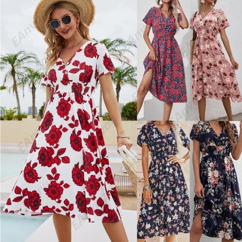 Women Summer Vintage Party Dress Lady France Style A-Line Floral Print Casual V-Neck Midi Dress Chiffon Beach Dresses Vestidos