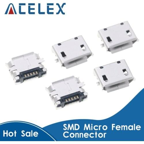 100pcs SMD Micro Female Connector 5pin Seat Jack Micro Charging Socket 5 Feet 5P Connectors Ouside Horn