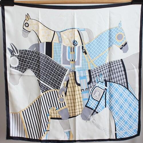 2021 New Scarf 100% Twill Silk Hand Rolled Edges Horse Printing 90*90cm 35''x35'' Women Shawl Wrap
