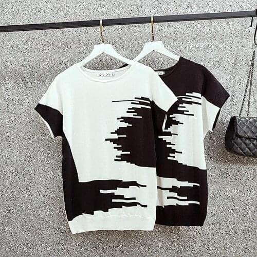Large size women clothing summer short-sleeved t-shirts loose casual short sleeve Patchwork Oversized kint sweater pullover