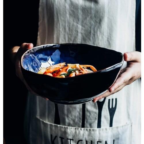 European Irregular Rice Soup Bowl Porcelain Deep Blue Glaze Dessert Noodle Bowl Creative Tableware Steak Dishes Dinnerware