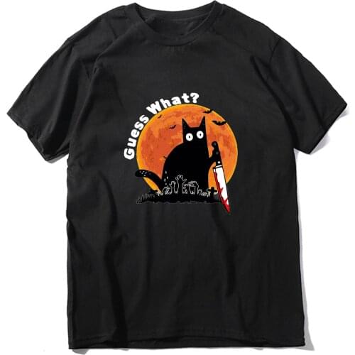 Vintage Mens Cotton Tshirt Guess Cat What Murderous Black Cat With Knife Halloween Retro Gift Funny Unisex T-Shirt