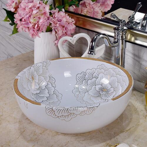 Jingdezhen Bathroom ceramic sink wash basin Porcelain Counter Top Wash Basin Bathroom Sinks white peony ceramic wash basin