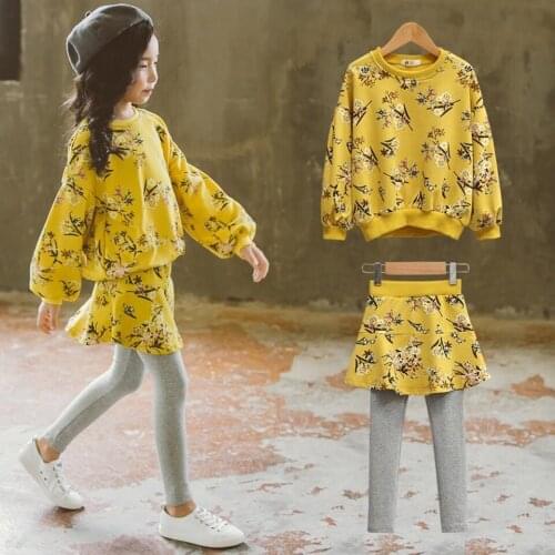 Girls Clothing Sets 2021 Yellow Flower Print Long Sleeve Sweatshirt+Pants 2Pcs Children Clothes 3-12 Yrs Kids Clothes Girls Suit