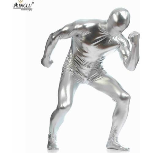 Ainclu Glue Cosplay Costume for Hallween Silver Coated All-inclusive Jumpsuit Mens sexy zentai for Adult Fanny dress